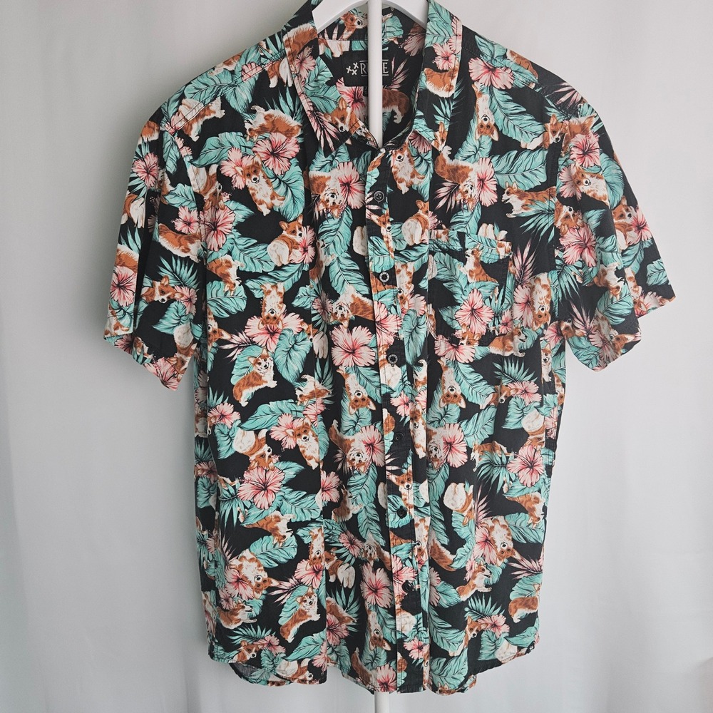 RUDE Mens XXL Corgi Floral Tropical Button Down Shirt Black Cotton Short Sleeve